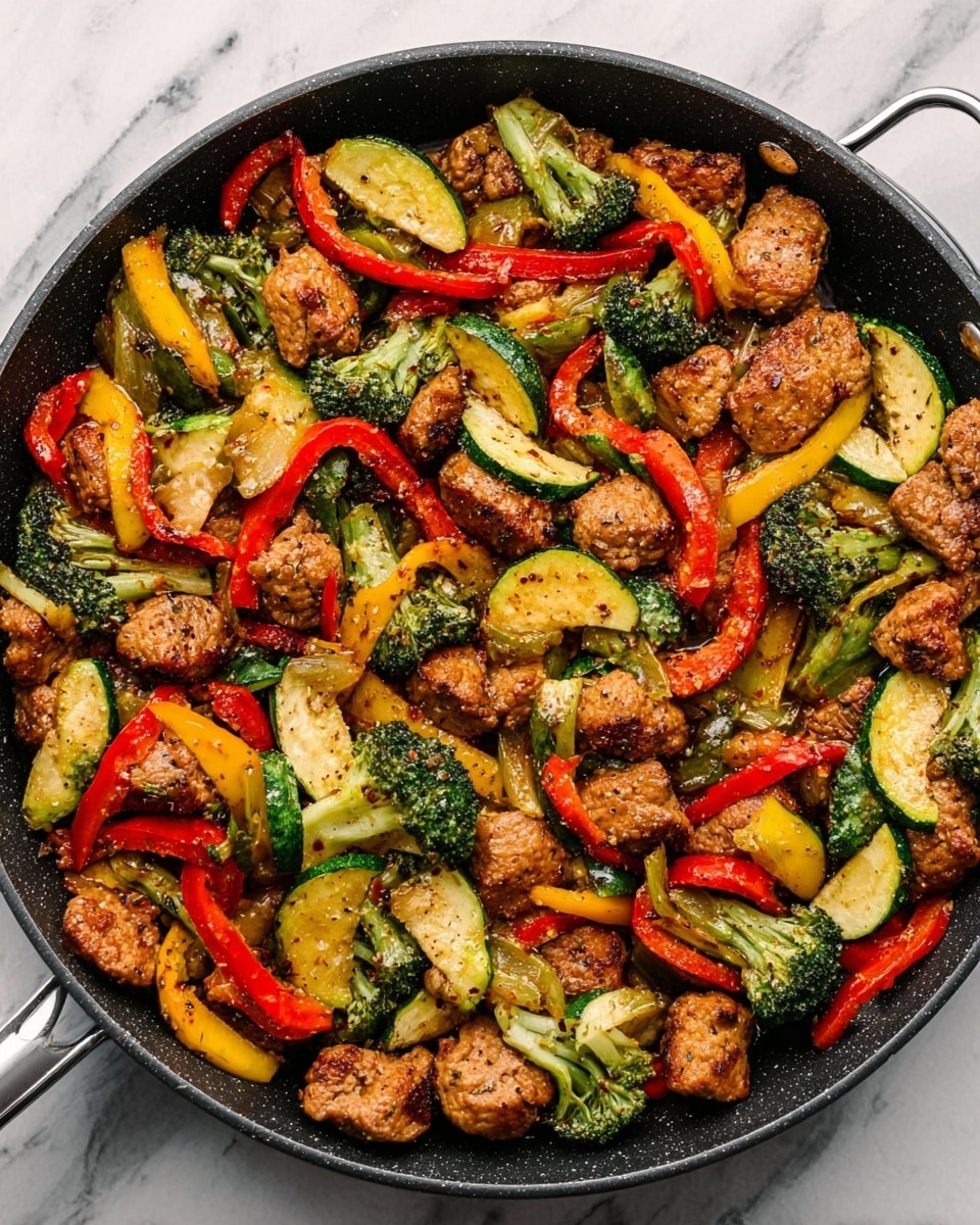 A large black pan is filled with a colorful mix of cooked vegetables and browned meat pieces. The vegetables include green broccoli florets, bright red bell pepper strips, and yellow zucchini slices, all mixed evenly with the browned meat chunks that have a slightly crispy texture. The ingredients look well-coated with seasoning and have a light shine from cooking oil. The pan is placed on a white marbled surface. photo taken with an iphone --ar 4:5 --v 7