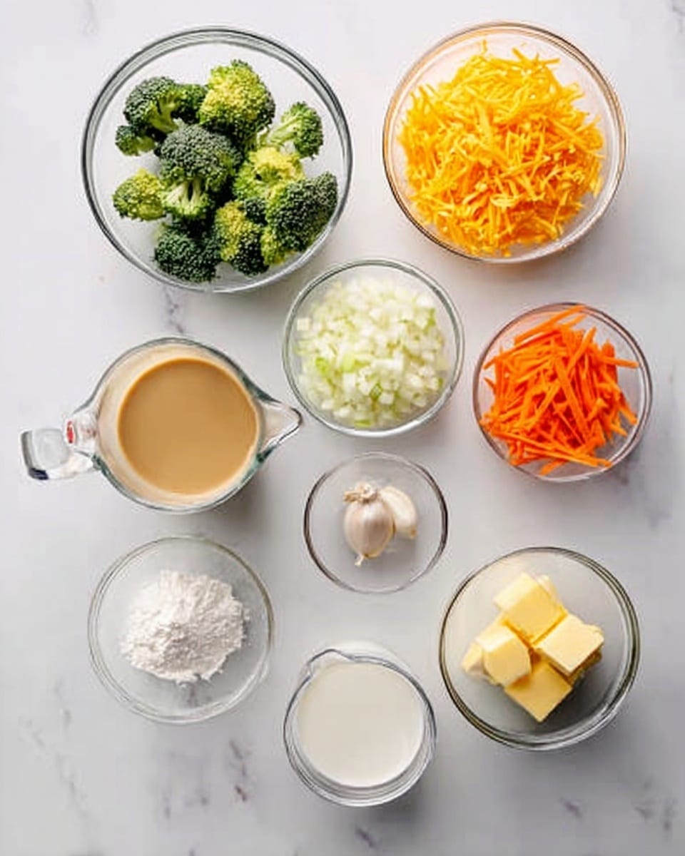 The image shows six clear glass bowls placed on a white marbled surface. In the top left bowl, there are small green broccoli florets. To the right, a bowl is filled with bright orange shredded cheddar cheese. Below the broccoli, a bowl holds chopped white onions, and next to it on the right is a bowl with thin orange carrot sticks. Below the cheese and carrot bowls, a small glass bowl contains a peeled garlic clove, and next to it is a transparent measuring cup filled with light brown broth. At the bottom, three smaller bowls hold white flour, yellow butter cubes, and white milk, arranged on the white marbled surface photo taken with an iphone --ar 4:5 --v 7
