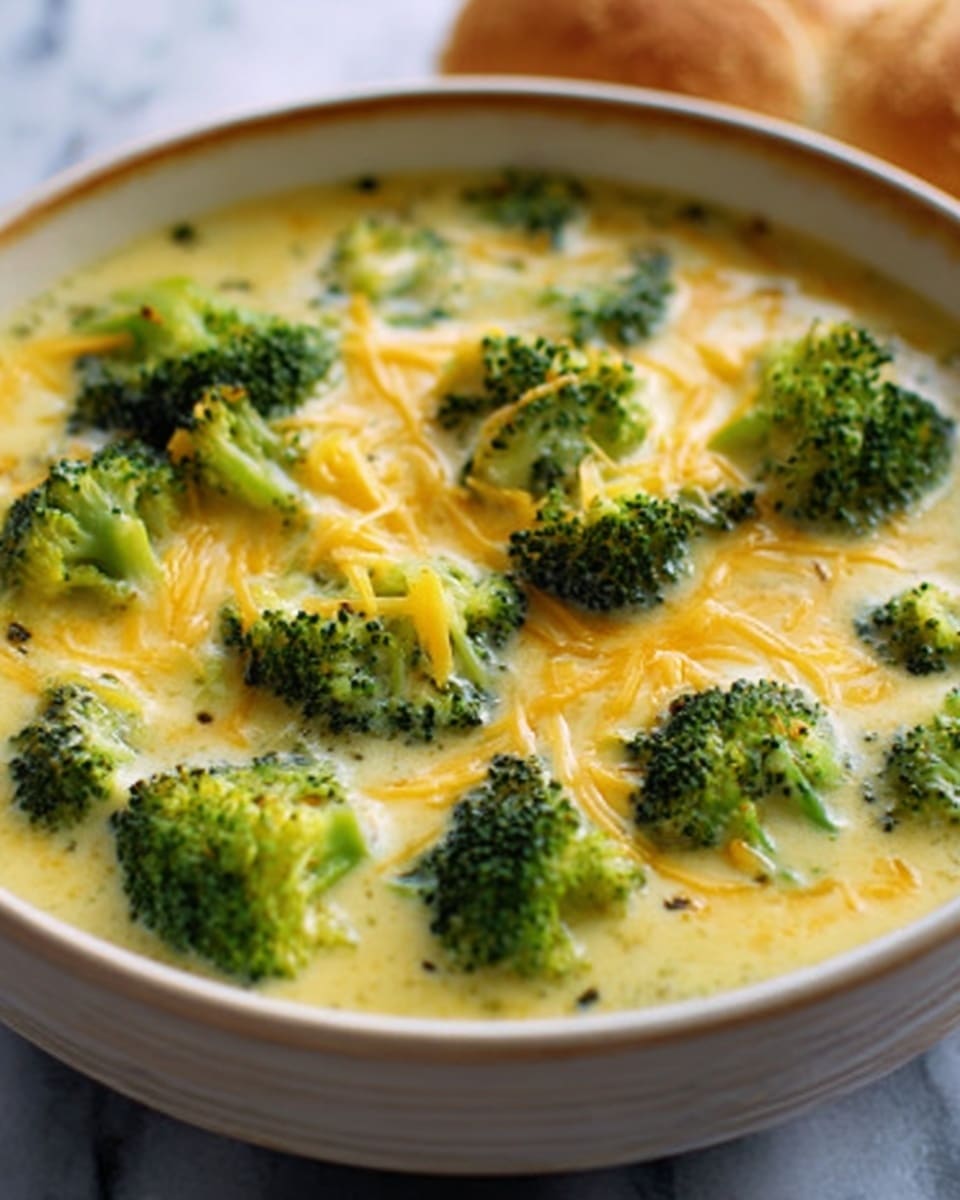 A close-up view of a white bowl filled with creamy soup, showing multiple broccoli florets partly submerged in a smooth, yellowish cheese sauce. The broccoli pieces are bright green, scattered evenly across the surface, with melted shredded cheese melted into the sauce giving it a rich, thick texture. The bowl sits on a white marbled surface, and a soft brown bread can be seen blurred in the background. The photo taken with an iphone --ar 4:5 --v 7