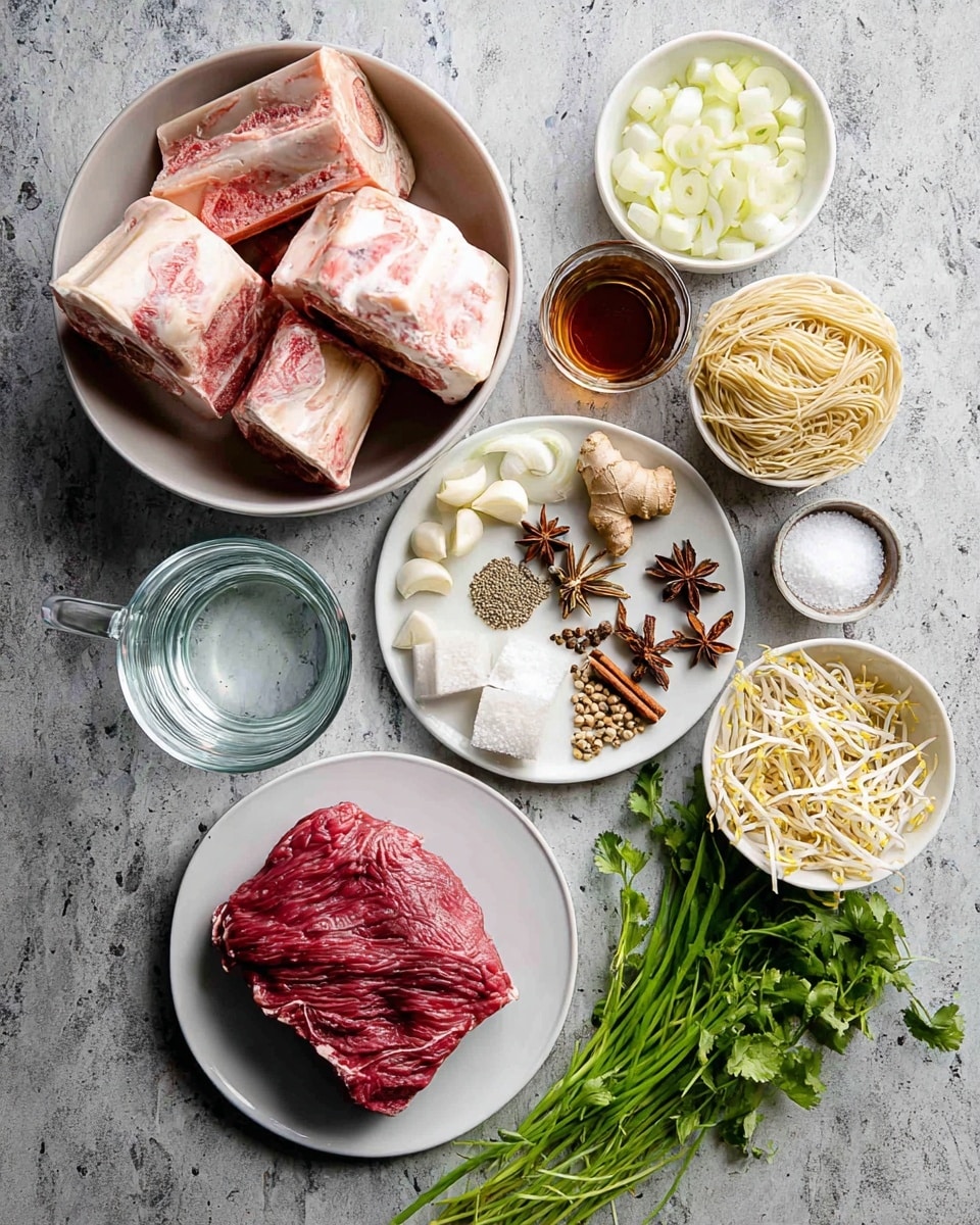 A collection of ingredients is laid out on a white marbled textured surface. In the top left, a big bowl holds large pieces of raw beef bones, pale pink with red blood spots. To the right, a small white bowl contains peeled, quartered onions. Below that, a small glass cup holds a dark amber liquid, and next to it, a tiny white bowl is filled with white salt. At the center, a small white plate displays a variety of spices: light brown coriander seeds, light green fennel seeds, pale brown whole garlic cloves, a piece of fresh ginger root, a cinnamon stick, star anise, and cloves. Two white blocks of uncooked noodles sit to the right of the spices. Below the spices, a small white bowl is full of pale yellow bean sprouts. At the bottom left, a thick piece of raw deep red beef rests on a white plate. To the right of the beef, fresh green bunches of cilantro and green onions lie on the surface. A clear glass measuring cup filled with water sits in the middle left. Photo taken with an iphone --ar 4:5 --v 7