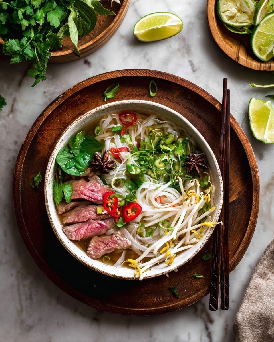 A white bowl sits on a round wooden plate on a white marbled surface, filled with pho. The bottom layer is light brown broth with white rice noodles floating above it. Several slices of pinkish cooked meat are spread around the bowl. On top of the noodles and meat are thin slices of red chili, fresh green scallions, lime wedges, and leafy green cilantro. There are also light yellow bean sprouts and a dark brown star anise for decoration. A pair of dark wooden chopsticks rest diagonally across the bowl. Nearby are lime wedges and a wooden bowl with fresh herbs. Photo taken with an iphone --ar 4:5 --v 7
