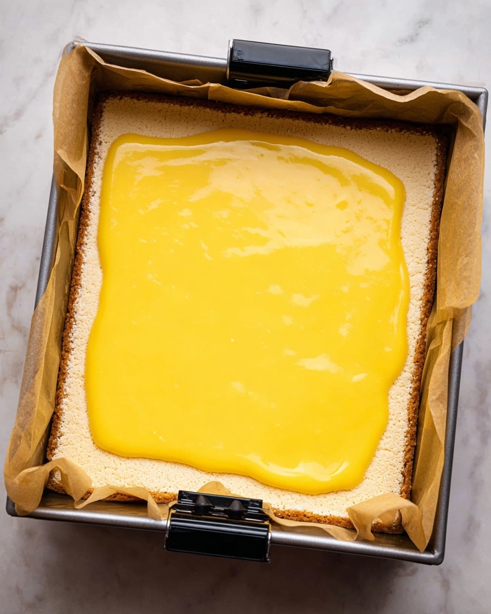 A square metal pan lined with parchment paper holding a dessert with two visible layers: the bottom layer is a light beige, slightly crumbly crust pressed flat against the edges and base, and the top layer is a thick, smooth, bright yellow custard-like filling spread evenly over the crust. The pan is held together with black clips on the sides, and the scene is set on a white marbled surface. photo taken with an iphone --ar 4:5 --v 7