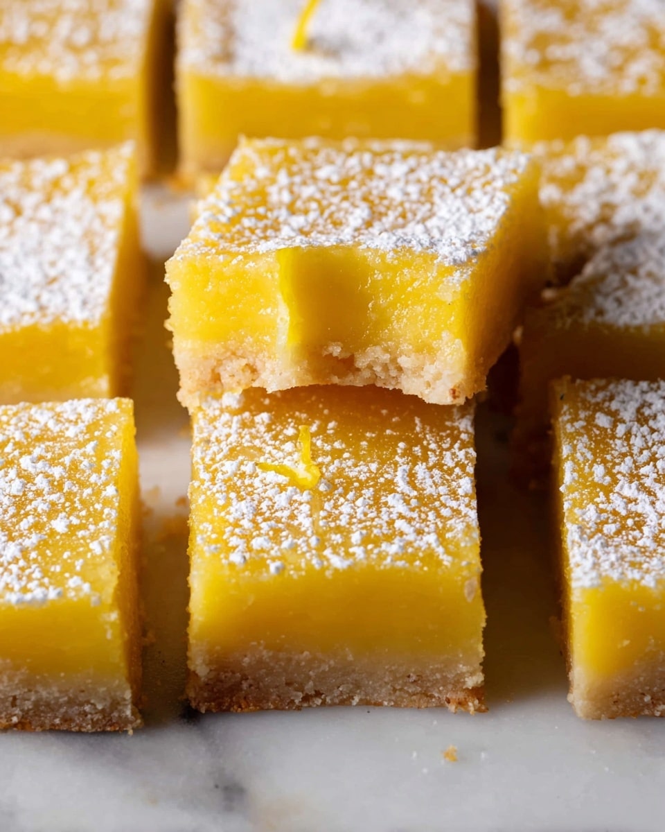 The image shows several square lemon bars arranged closely together on a white marbled surface. Each bar has two visible layers: the bottom layer is a light tan, crumbly crust, and the top layer is a bright yellow, smooth lemon filling. The lemon filling is dusted with white powdered sugar. One lemon bar is slightly lifted, showing a bit of a bite taken out from the corner, revealing both layers clearly. The texture contrasts between the crumbly base and the soft citrus topping are noticeable. Photo taken with an iphone --ar 4:5 --v 7