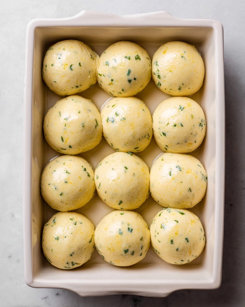 Twelve smooth, round dough balls with small green herb flecks are placed neatly in a white rectangular baking dish in a 3 by 4 grid. The dough balls shine lightly with a soft glaze, showing a pale yellow color with scattered green bits. The dish is set on a white marbled surface, and the view is from above, focusing on the even arrangement and fresh dough texture. photo taken with an iphone --ar 4:5 --v 7