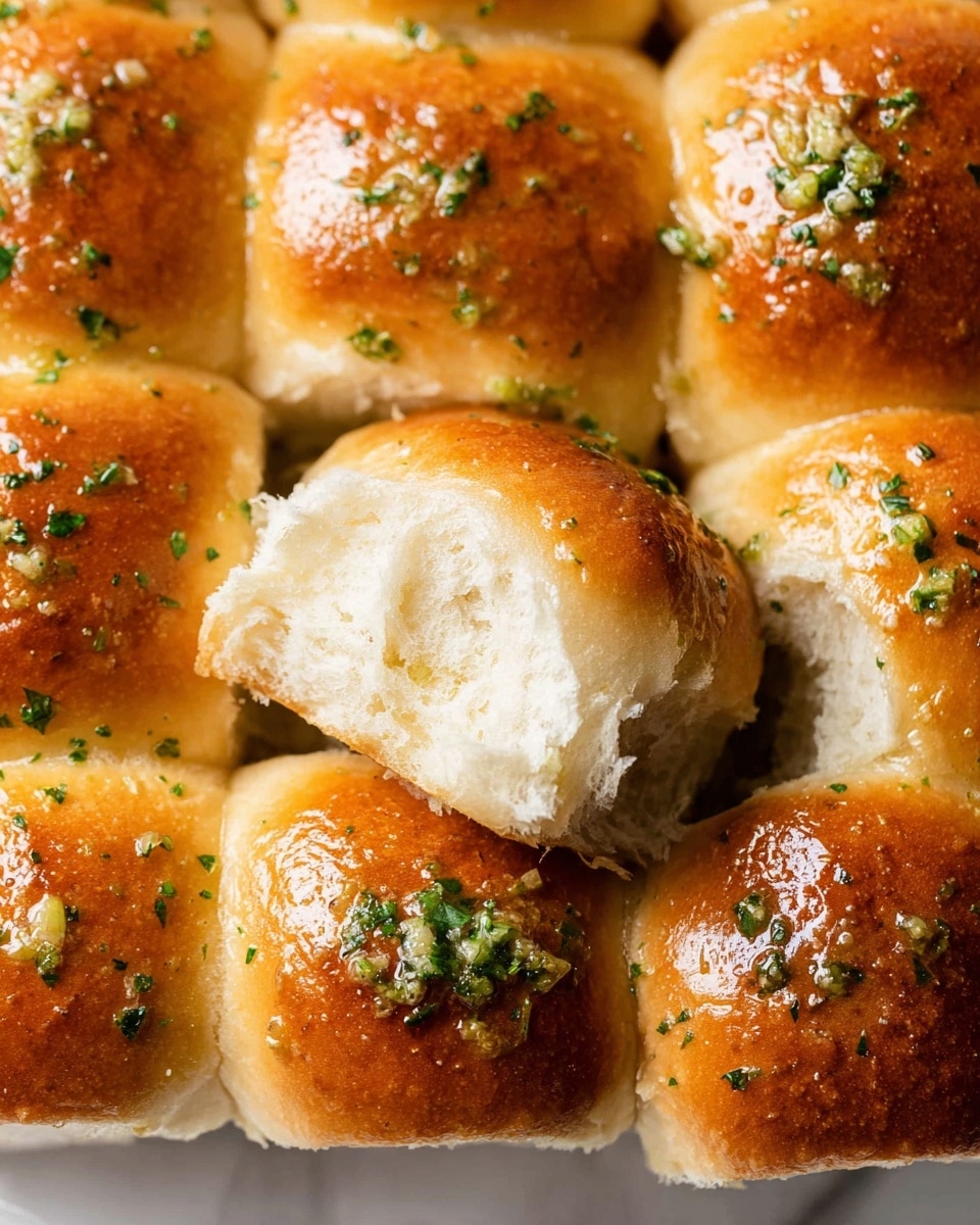 The image shows a close-up view of golden brown dinner rolls arranged tightly in a cluster on a white marbled surface. The rolls have a shiny, smooth surface with a light sprinkle of green herbs and small bits of garlic on top. One roll in the middle is pulled slightly away, revealing its soft, fluffy white inside with a slightly textured crumb. The rolls look soft and fresh, with a warm and inviting color contrast between the shiny tops and the airy interior. Photo taken with an iphone --ar 4:5 --v 7