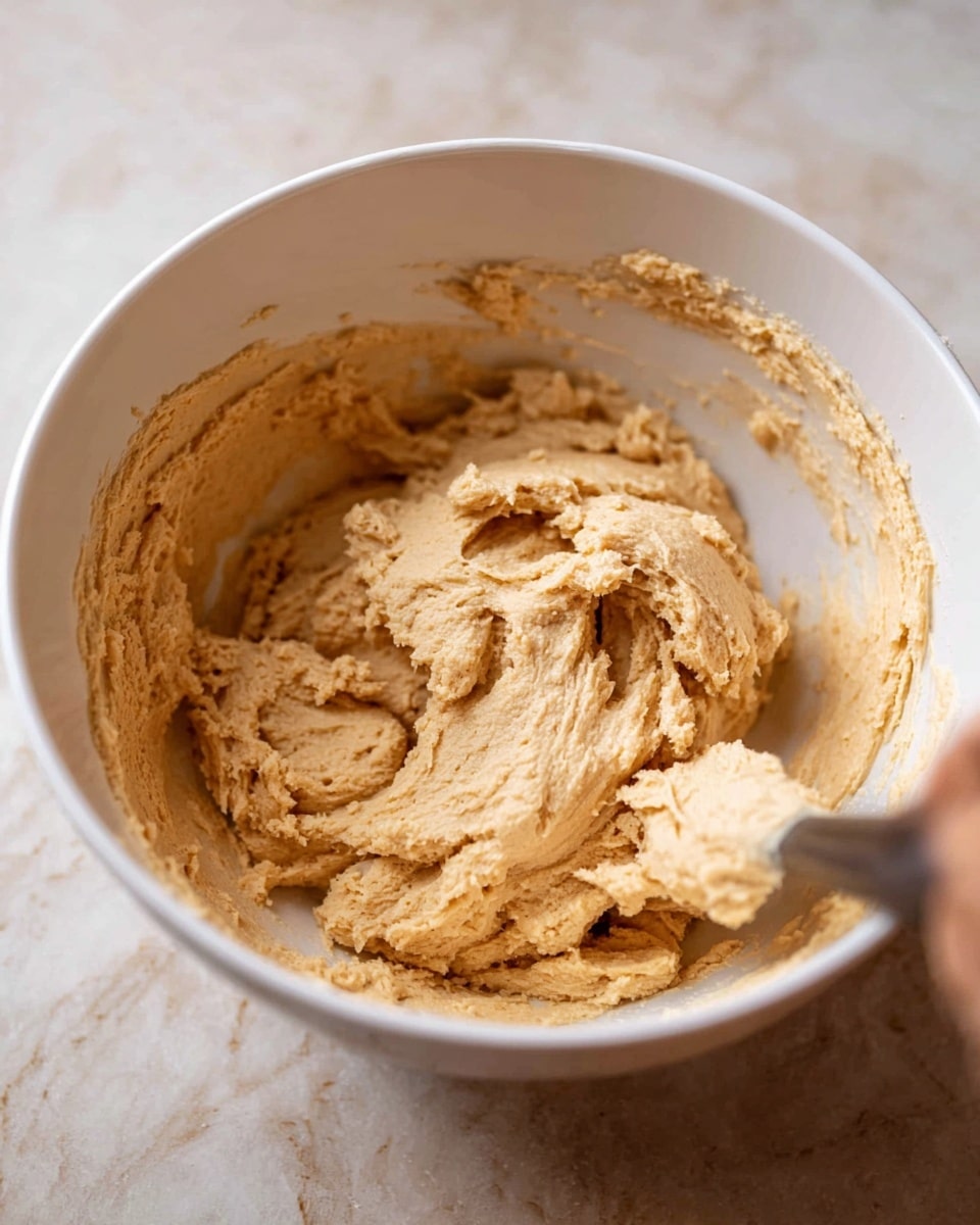 A white mixing bowl contains a thick, light brown dough that is fluffy and creamy in texture, covering most of the inside surface. A blurred woman's hand holding a utensil is visible in the lower right corner, lifting some of the dough out of the bowl. The bowl sits on a white marbled surface. The photo taken with an iphone --ar 4:5 --v 7