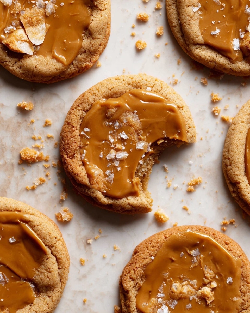 Several round cookies are shown on a white marbled surface with a light tan color and a slightly cracked texture. Each cookie has a shiny, caramel-colored layer spread unevenly across the top, with some small pieces and flakes scattered on this caramel layer. One cookie in the center has a bite taken out of its side, revealing a soft inside with crumbs fallen nearby. The cookies are spaced apart with tiny crumbs scattered mostly around the bitten one, and the background is a clean, white marbled texture. Photo taken with an iphone --ar 4:5 --v 7