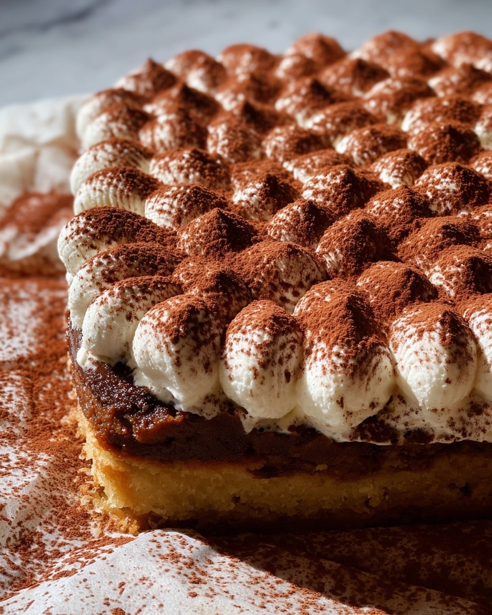 The image shows a close-up of a two-layer dessert on parchment paper with a white marbled surface underneath. The bottom layer is a thick, golden-brown cake with a slightly darker edge and a soft texture. On top of this cake is a thick layer of white cream that is piped into many small, rounded dollops closely arranged in a grid pattern, each dusted with a fine, reddish-brown powder, likely cocoa. The dessert looks rich and moist, with the cocoa powder creating a textured contrast on the creamy white dollops. Photo taken with an iphone --ar 4:5 --v 7