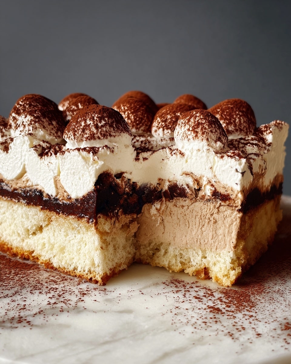The image shows a layered dessert with four clear layers, placed on a white marbled surface. The bottom layer is dense and light beige, looking creamy and smooth. Above it is a thin layer of soft sponge cake soaked with a dark liquid. The third layer is a thick, fluffy white cream that looks airy and whipped. The top layer consists of rounded dollops of dark brown cocoa powder dusted over the white cream, giving a textured finish. The background is plain and grey, making the dessert stand out clearly. photo taken with an iphone --ar 4:5 --v 7