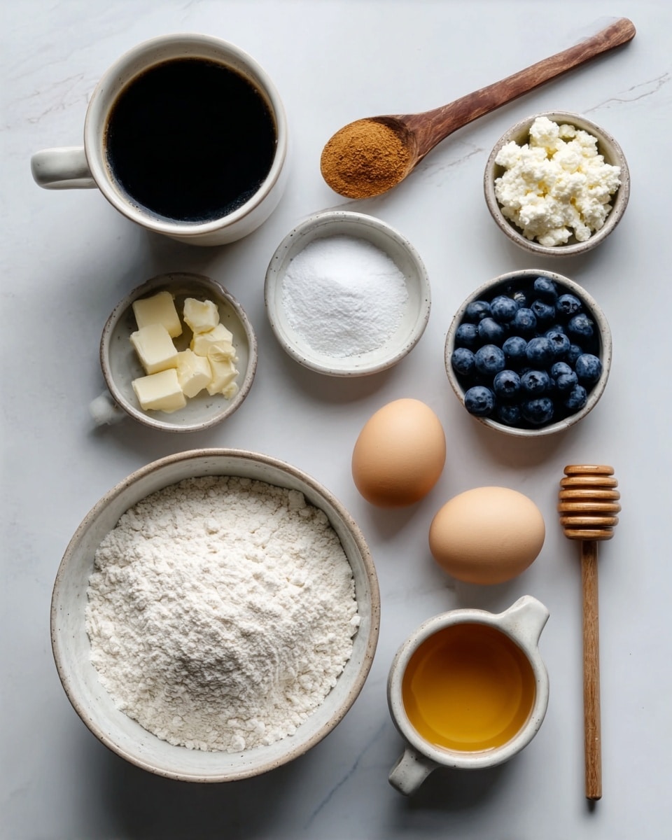 The image shows a white marbled surface with several small white bowls and two eggs placed on it. A large white bowl filled with white flour is near the bottom left. Two eggs are placed to the right of the large bowl. Above the large bowl, there is a wooden spoon with a small amount of brown powder on it. To the top left, a white cup is filled with black coffee. Next to it are small bowls containing white granulated sugar, bright blue blueberries, and white cottage cheese. On the far right, a small white cup with light brown liquid and a wooden honey dipper with golden honey are positioned side by side. The colors mainly include white, light brown, blue, and dark brown, all arranged neatly on the clean white marbled surface photo taken with an iphone --ar 4:5 --v 7