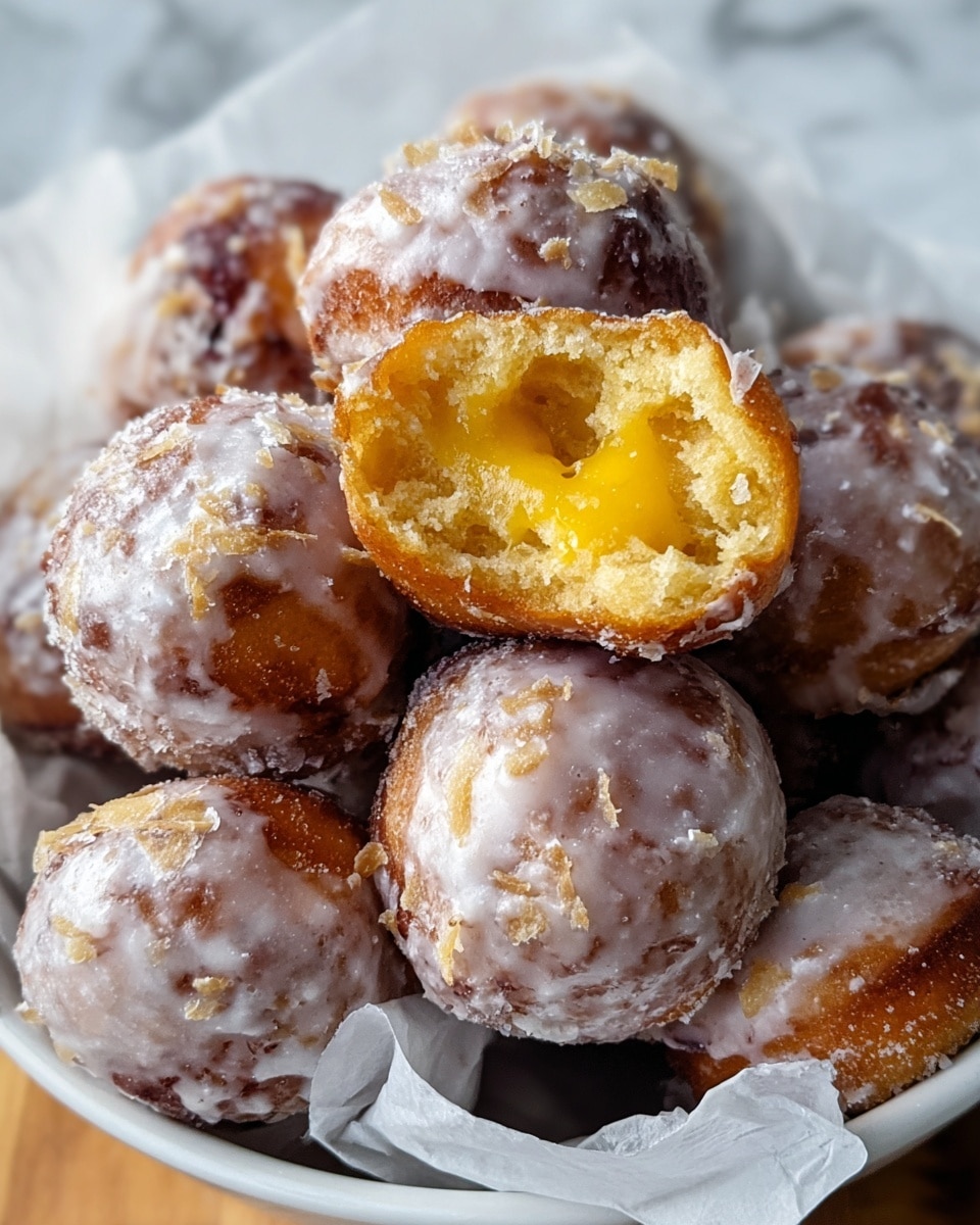 A close-up of several small, round doughnuts covered in a shiny white icing with flakes on top, stacked inside a white bowl lined with white paper; the doughnuts have a golden-brown crust under the icing, and one doughnut is split open to show a thick, bright yellow creamy filling inside with a soft, crumbly texture around it, all set on a white marbled surface. photo taken with an iphone --ar 4:5 --v 7
