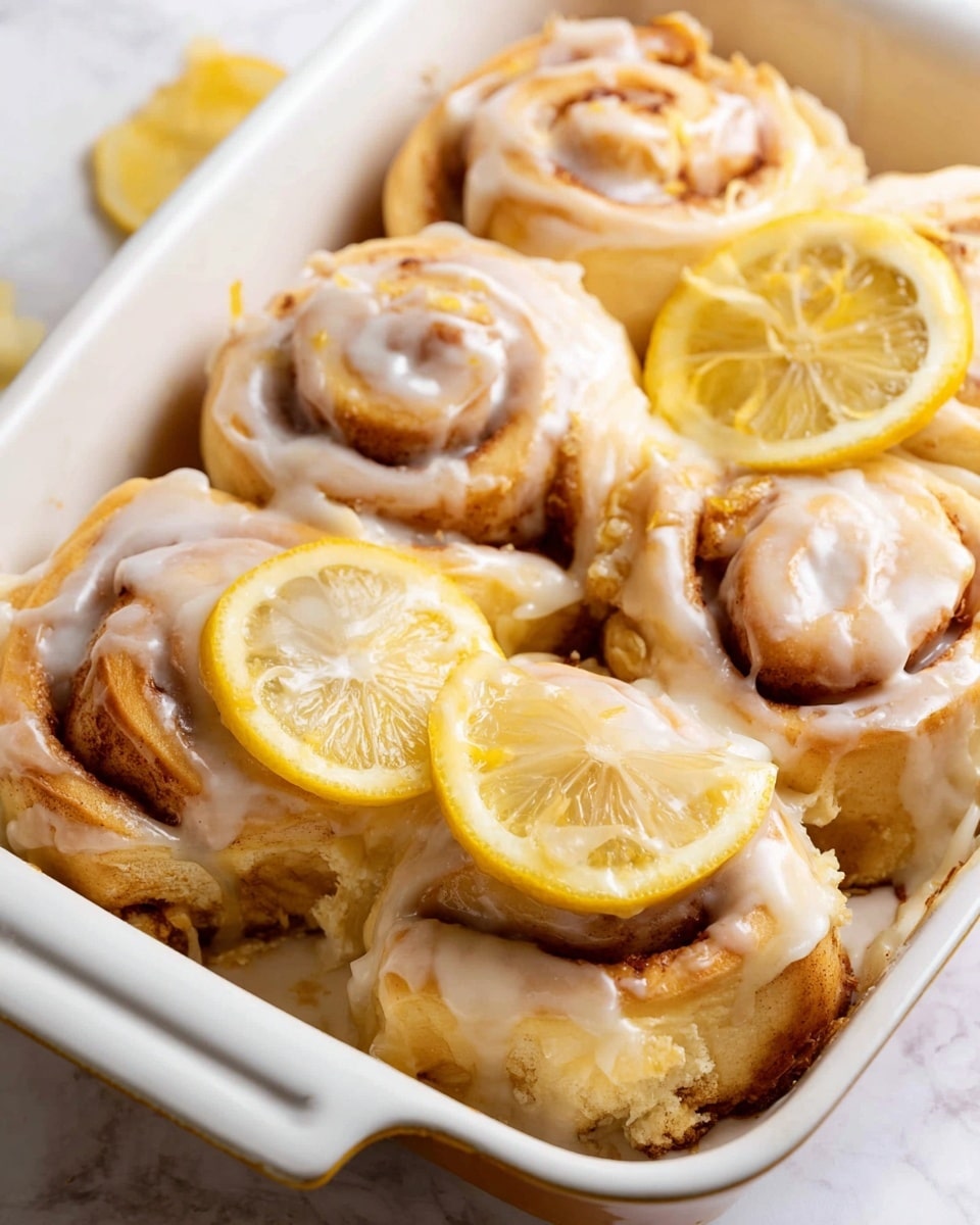 The image shows a white baking dish filled with six cinnamon rolls covered with shiny, creamy lemon glaze. Each roll has a soft, thick dough base with swirled layers of light brown cinnamon inside. The glaze is smooth and glossy with a pale yellow and white color, dripping slightly down the sides of the rolls. Two round lemon slices with bright yellow skin and light, juicy insides sit in the dish among the rolls. The dish is placed on a white marbled surface. Photo taken with an iphone --ar 4:5 --v 7