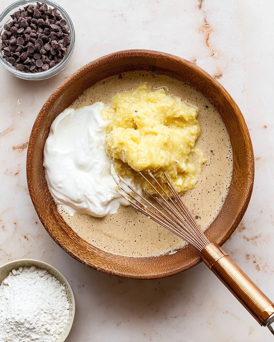 A wooden bowl sits on a white marbled surface, filled with a light brown foamy batter base. On top of the batter, there are two distinct layers: a dollop of thick white creamy yogurt to the left, and a mound of mashed yellow bananas with a soft texture to the right. A shiny metal whisk with a copper handle rests inside the bowl, partially dipped into the batter near the creamy and mashed layers. Nearby, on the white marbled surface, a small clear bowl holds dark brown chocolate chips, and a small white dish contains white powder, likely baking powder or flour. Photo taken with an iphone --ar 4:5 --v 7