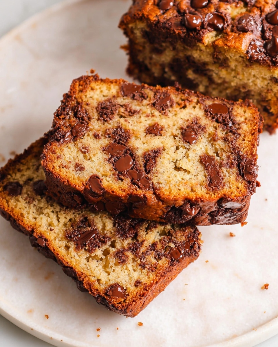 Two slices of chocolate chip banana bread are shown closely on a white plate with a white marbled texture underneath. The bread is golden brown with a slightly darker crust, and there are many melted chocolate chips spread unevenly on the top and inside the slices, giving a rich, textured look. The texture of the bread looks soft and moist with small air holes visible, and some crumbs are scattered around. The slices are stacked slightly, with one slice on top of the other. Photo taken with an iphone --ar 4:5 --v 7
