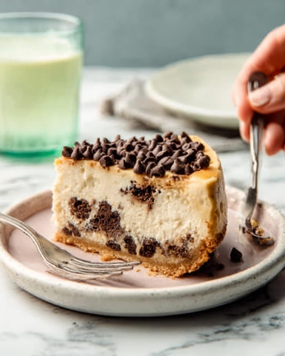 A slice of cheesecake on a white round plate with a light pink rim, resting on a white marbled surface. The cheesecake has three visible layers: a thin golden brown crust at the bottom, a thick creamy beige middle layer spotted with dark brown chocolate chunks inside, and a top layer covered with a cluster of small shiny dark brown chocolate chips. A silver fork lies next to the slice on the plate, and a woman's hand is holding the fork. In the background, out of focus, there is a glass filled with a light green liquid. photo taken with an iphone --ar 4:5 --v 7