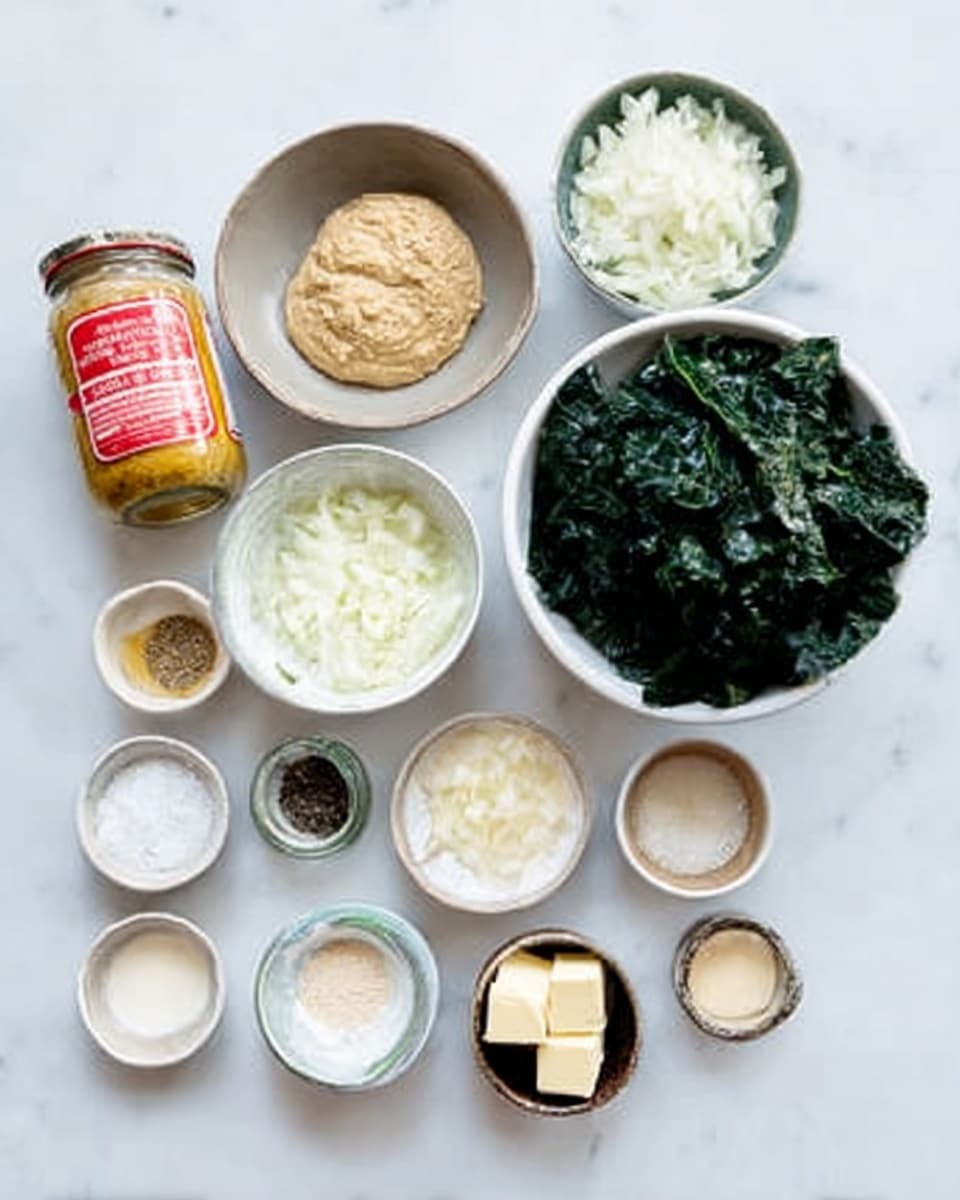 The image shows a top view of twelve ingredients arranged neatly on a white marbled surface. There is a glass jar with red and yellow label on the top left, next to a small bowl containing a beige paste-like substance. Below that is a round bowl with chopped white onions. To the right is a large white bowl filled with a bunch of dark green leafy vegetables. Surrounding these main items are smaller bowls and containers holding white powders, light beige sauces, three small beige cubes of butter in a round dish, and a few small piles of black and white spices. Everything is placed carefully for a clear and organized look. Photo taken with an iphone --ar 4:5 --v 7