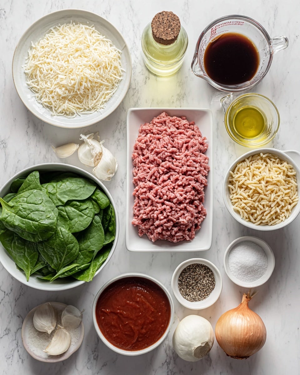The image shows several cooking ingredients neatly placed on a white marbled surface. There is a white bowl filled with fresh, bright green spinach leaves at the bottom left. Above it, a white plate holds fine, light-colored grated cheese. Near the center, a rectangular white tray contains raw pink ground meat with a textured surface. To the right, there is a clear glass measuring cup filled with a dark brown liquid and a small glass bottle with light yellow oil. A smaller white bowl holds pale yellow orzo pasta, and beside it, a round metal can is filled with smooth, red tomato sauce. Small white bowls contain black pepper and white salt, and at the bottom right, a whole brown onion and several garlic cloves lie together. An Italian seasoning bottle is placed near the top left. The layout is clean, ingredients are fresh and well-spaced, photo taken with an iphone --ar 4:5 --v 7