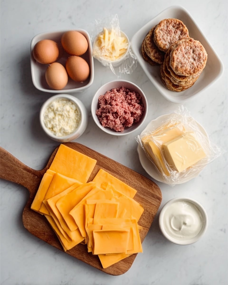 The image shows ingredients on a white marbled surface, including four brown eggs grouped together near the top left, a rectangular white bowl filled with stacked breakfast sausage patties towards the top right, a small stack of butter slices in clear wrapping placed below the eggs, a small white bowl with ground meat beside the bowl of patties, a small white bowl of sour cream next to the ground meat, and a wooden board at the bottom left with many bright orange square slices of cheddar cheese spread evenly. Photo taken with an iphone --ar 4:5 --v 7