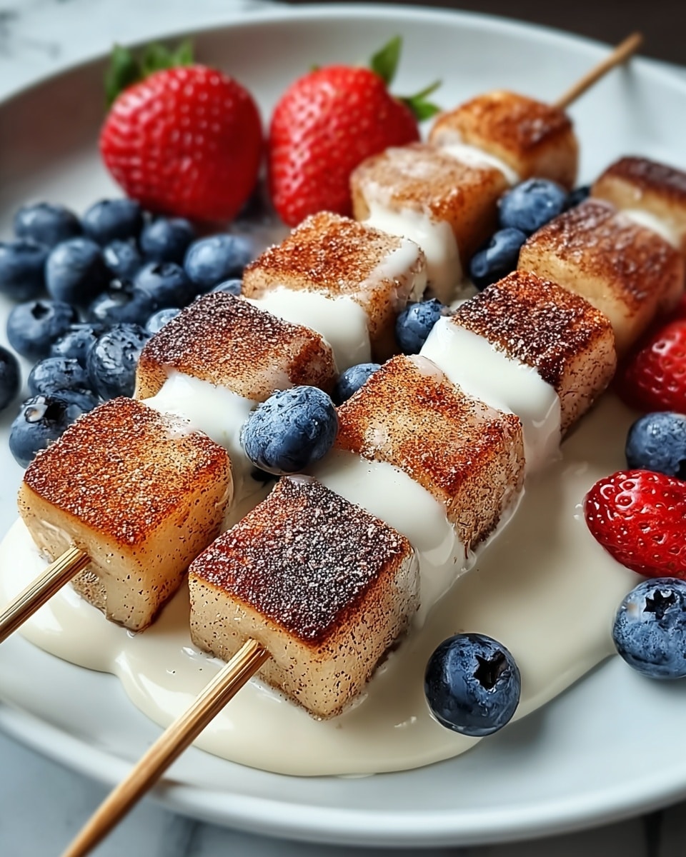 The image shows three wooden skewers each with four toasted square-shaped dough pieces, golden brown with a light dusting of cinnamon or sugar on top. Between and around the skewers are fresh blueberries and strawberries, bright red and blue with a shiny, fresh look. A thick white creamy sauce is generously poured over the dough squares and berries, pooling slightly on the white plate with a smooth texture. The background is a white marbled texture, adding a clean and bright feel to the setup. photo taken with an iphone --ar 4:5 --v 7