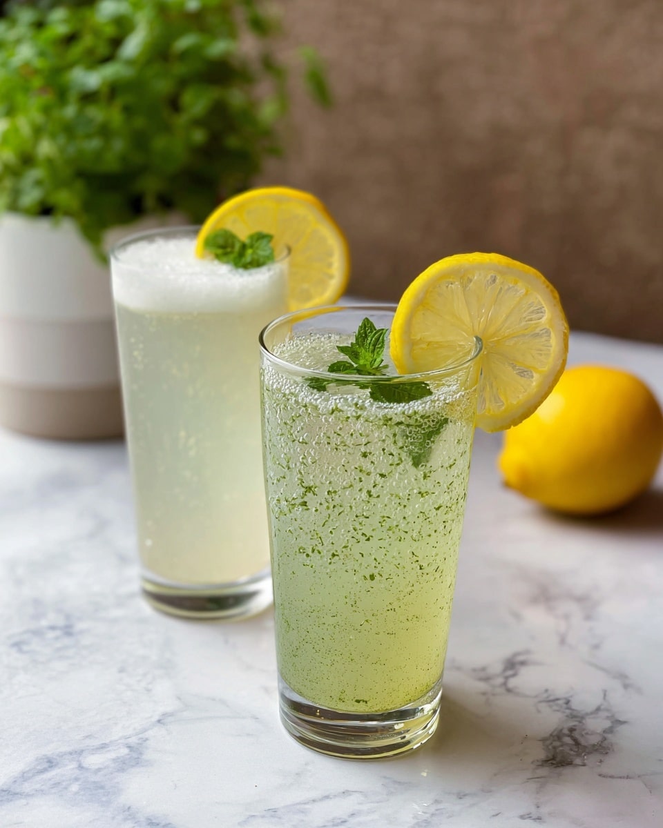 Two tall clear glasses sit on a white marbled surface. The glass in front contains a light green drink with small specks of herbs and bubbles on top, garnished with a bright yellow lemon slice on the rim and a small green mint leaf floating near the surface. Behind it, the second glass has a pale white frothy liquid with a lemon slice also on the rim. In the background on the left, there is a white pot with a green plant, and a whole yellow lemon rests on the surface slightly blurred to the right. The photo taken with an iphone --ar 4:5 --v 7