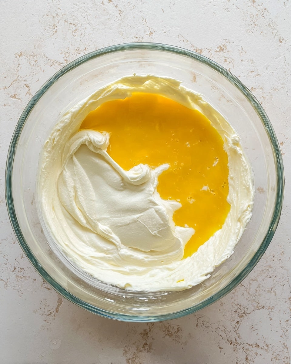 A clear glass mixing bowl contains two main layers: a thick, creamy white layer of smooth cream cheese spread along the bottom and sides, and a bright yellow beaten egg mixture poured on top, creating a contrast of colors and textures. The white cream cheese looks soft and fluffy with slight swirls near the edges, while the yellow egg layer appears liquid and slightly bubbly. The bowl sits on a white marbled textured surface. photo taken with an iphone --ar 4:5 --v 7
