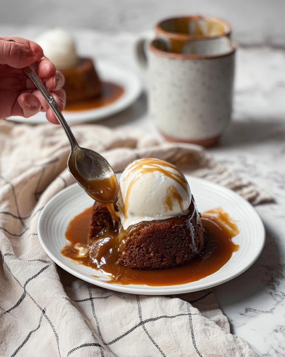 The image shows a white plate with two main layers: a dark brown, moist cake base covered by a thick, shiny caramel sauce that spills slightly onto the plate; on top sits a round scoop of smooth, white vanilla ice cream that contrasts with the darker cake and sauce. A woman’s hand holds a silver spoon scooping into the cake, slightly breaking it and mixing the sauce and ice cream textures. In the background, there is another white plate with the same dessert and a rustic light gray cup with some spilled caramel on it, all placed on a crumpled beige cloth with a thin grid pattern, set against a white marbled surface. photo taken with an iphone --ar 4:5 --v 7