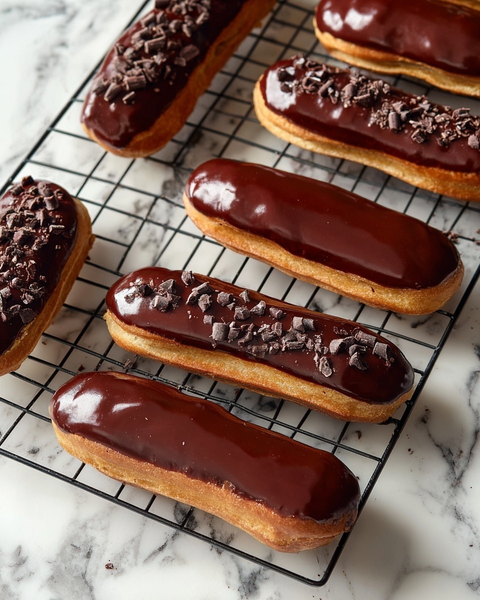 The image shows several chocolate eclairs on a white marbled surface. Each eclair has two main layers: the bottom layer is a light brown, airy pastry with a slightly rough texture, and the top layer is a smooth, shiny dark chocolate glaze that covers the entire top surface. On the front eclair, there are small, rough chunks of dark chocolate scattered on the glaze near the center. The eclairs are arranged in rows, with some blurred in the back and the front one in clear focus. Photo taken with an iphone --ar 4:5 --v 7
