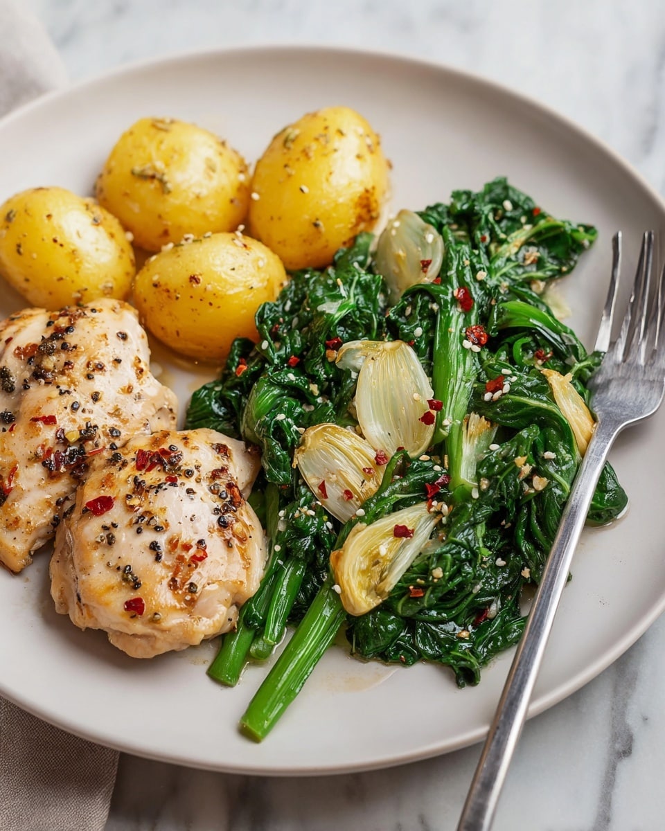 The dish shows a white plate on a white marbled surface with two pieces of light brown cooked chicken, seasoned with black pepper and red chili flakes, placed on the left side. Above the chicken are five small golden-yellow crispy potatoes arranged in a cluster with fine texture lines cut across their surface. On the right side of the plate, there is a serving of bright green cooked leafy greens with some white stalks, mixed with small white sesame seeds and bits of light-colored garlic. A silver fork rests on the right edge of the plate. photo taken with an iphone --ar 4:5 --v 7