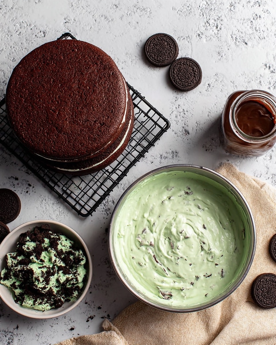 The image shows three dark brown cake layers cooling on a black wire rack in the left part of the image. To the right of the cake layers, there is a large round metal bowl filled with a pale green creamy mixture that has small dark chocolate pieces in it. Next to this, there is a small white bowl with crushed dark chocolate cookies mixed with green cream filling, sitting on a beige cloth. Nearby, there is a small glass jar filled with smooth dark chocolate sauce. The background is a white marbled texture with a few whole chocolate sandwich cookies scattered around. Photo taken with an iphone --ar 4:5 --v 7