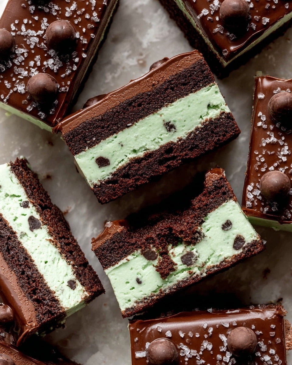 This image shows several rectangular chocolate ice cream sandwiches arranged closely on a surface with a white marbled texture. Each sandwich has three visible layers: a light green mint ice cream middle layer dotted with small dark chocolate chips, sandwiched between two thick dark brown chocolate cake layers. The top cake layer is coated with a smooth, shiny chocolate glaze sprinkled with coarse sea salt and decorated with small round chocolate pieces topped with dark chocolate sprinkles. One of the sandwiches in the center has a section missing, showing the three layers clearly. The texture looks rich and moist with a mix of smooth and crumbly elements. Photo taken with an iphone --ar 4:5 --v 7