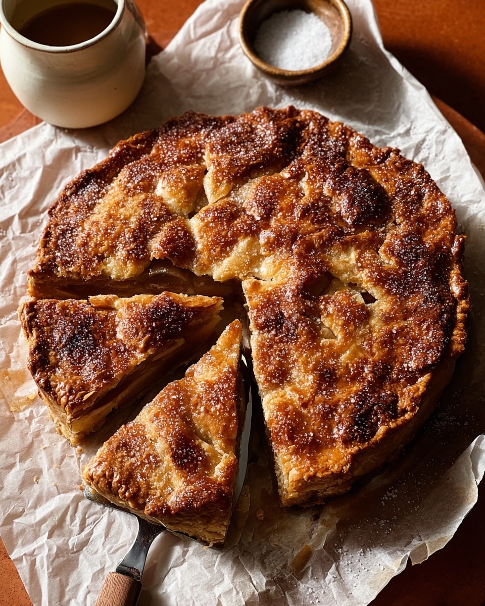 A round, golden-brown pie with a crispy, flaky top layer is shown on crinkled white parchment paper. The pie is sprinkled with coarse sugar crystals that catch the light, adding texture to the surface. It is sliced into pieces, with one triangular slice being lifted gently by a metal pie server with a wooden handle. The pie’s layers show a mix of darker and lighter brown pastry, indicating a well-baked, flaky crust with a slightly glossy finish. In the background, there is a small white ceramic pot with a handle and a small bowl with coarse salt, all set on a warm brown surface. photo taken with an iphone --ar 4:5 --v 7
