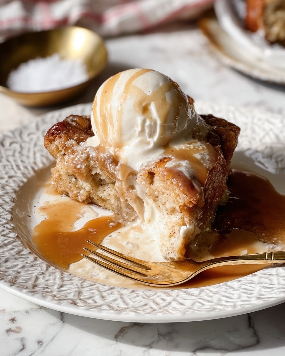 A piece of bread pudding sits on a white plate with an intricate raised pattern. The bread pudding shows a golden-brown crisp top layer, beneath which is a soft, creamy inside with a light beige color. On top of the bread pudding, there is a round scoop of vanilla ice cream with a creamy white texture and small vanilla bean specks. A thick, glossy caramel sauce in warm light brown pools around the pudding, blending a little with melting ice cream. A gold fork rests on the plate, touching the sauce. The background shows a white marbled surface, with a blurred small gold bowl of white salt. The photo taken with an iphone --ar 4:5 --v 7