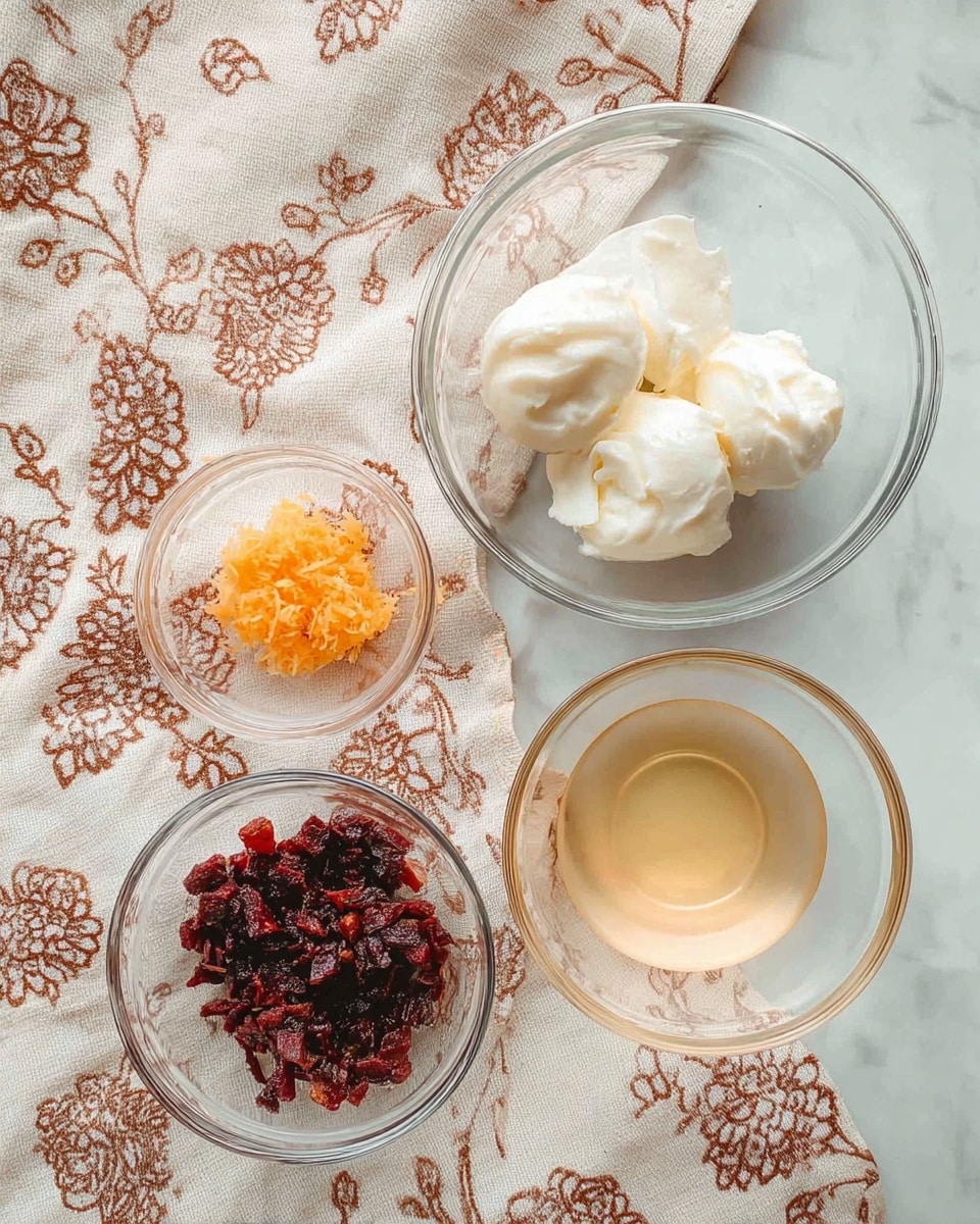Four clear glass bowls are arranged on a white marbled textured surface covered with a cloth that has a light beige color and a brown floral pattern. The largest bowl, at the top right, holds three large white dollops of creamy texture. The smallest bowl at the top left contains a small amount of finely grated orange zest with a slightly moist texture. Below it, the bowl at the bottom left is filled with dark red chopped pieces that appear sticky and moist. The bowl at the bottom right contains a clear, pale amber liquid with a smooth surface. photo taken with an iphone --ar 4:5 --v 7