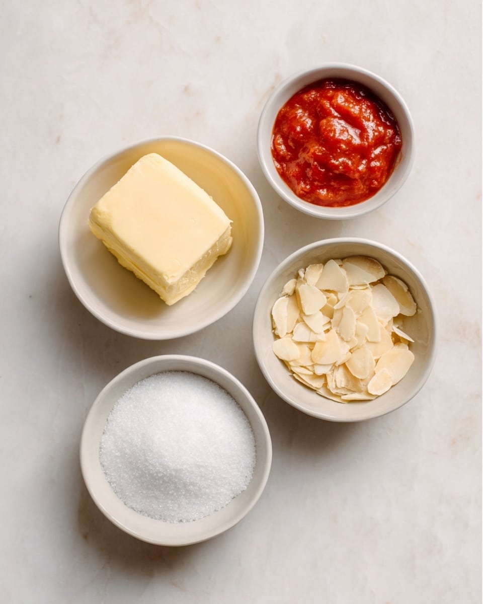 The image shows four white bowls on a white marbled surface. The top left bowl contains a block of yellow butter. The top right bowl has a small amount of red salsa or sauce with a smooth texture. The bottom left bowl is filled with white granulated sugar. The bottom right bowl holds light-colored, broken flakes or small pieces of a dry ingredient. The bowls are arranged in a loose square pattern, spaced evenly apart. photo taken with an iphone --ar 4:5 --v 7