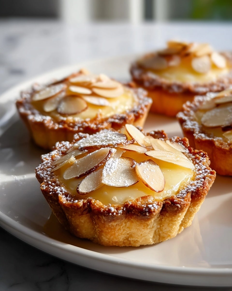 The image shows four small tarts placed on a white plate over a white marbled surface. Each tart has a golden brown crust with a scalloped edge. Inside the crust, there is a smooth, creamy pale yellow filling. On top of the filling, there are thin, light brown toasted almond slices scattered evenly. A light dusting of white powdered sugar is sprinkled over the almonds. The tarts are close to the camera with natural light shining from the background, creating soft highlights and shadows, giving a fresh, warm feeling. Photo taken with an iphone --ar 4:5 --v 7