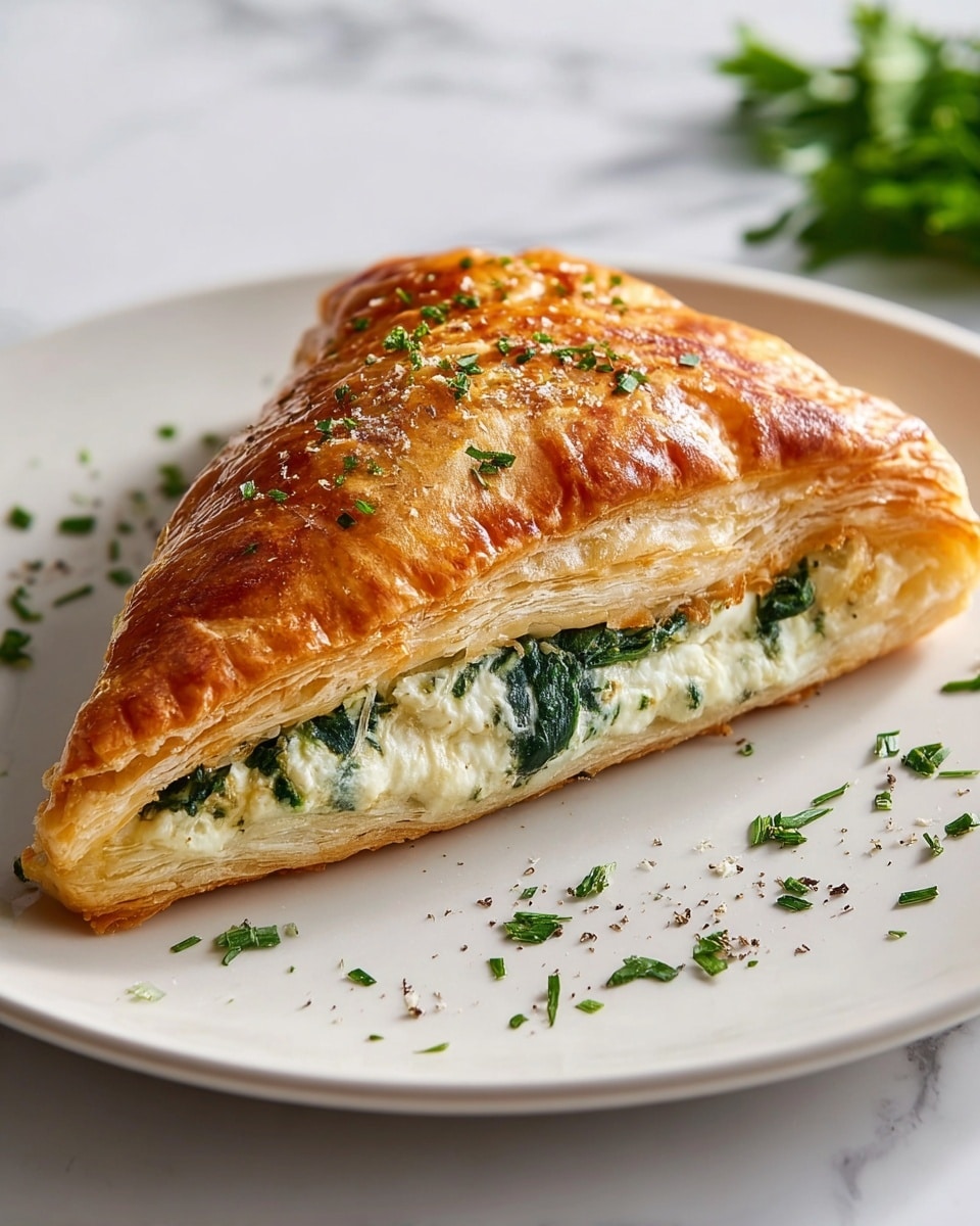 A triangular puff pastry with three visible layers, golden brown and shiny on top with a slightly flaky texture. Inside, there are two main layers: a creamy white cheese filling with green spinach mixed in, visible through the side cut. The pastry rests on a plain white plate, sprinkled with chopped green herbs and black pepper around it. The background is a white marbled surface with some blurred green herbs in the distance. photo taken with an iphone --ar 4:5 --v 7
