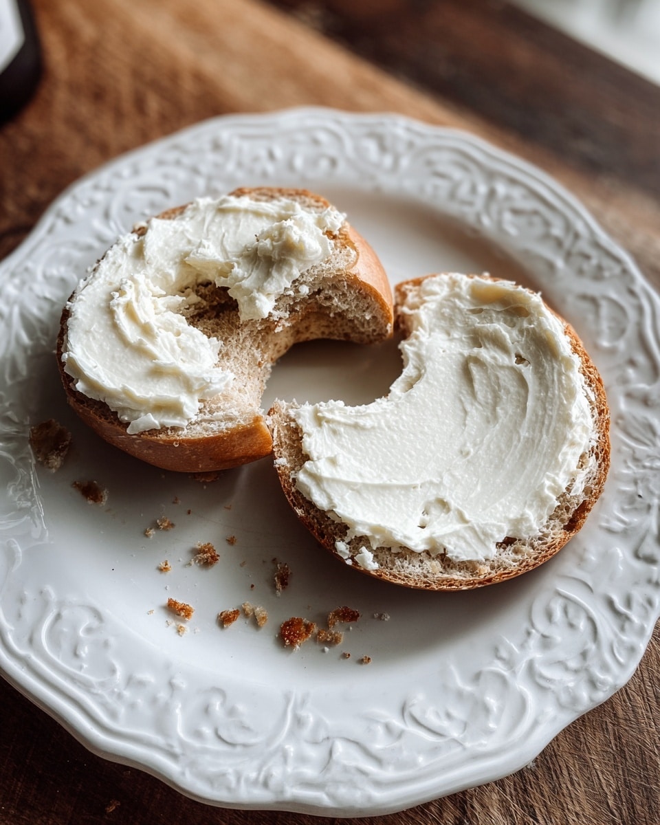 A white plate with decorative edges holds a sliced bagel, split into two halves and topped with a thick layer of creamy white spread. The bagel has a light brown crust with a soft, airy inside, and some crumbs are scattered around the plate. One half of the bagel shows a bite taken out, revealing the texture inside. The plate is placed on a wooden surface. Photo taken with an iphone --ar 4:5 --v 7