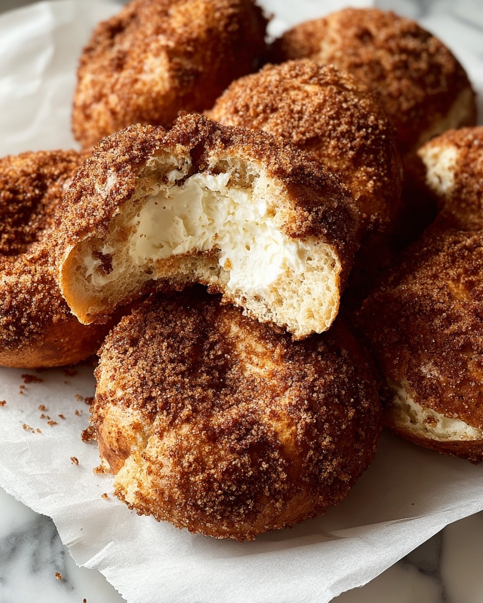 The image shows a pile of round, golden brown crumb-topped pastries with a rough, crunchy texture on the outer surface. One pastry on top is broken in half, revealing a soft, light beige inside that looks fluffy and airy. The exposed inside has a smooth layer of white creamy spread, thick and rich in texture. The crumbs on the pastries are unevenly spread, giving a rustic look. The pastries are resting on white parchment paper over a white marbled surface. Photo taken with an iphone --ar 4:5 --v 7