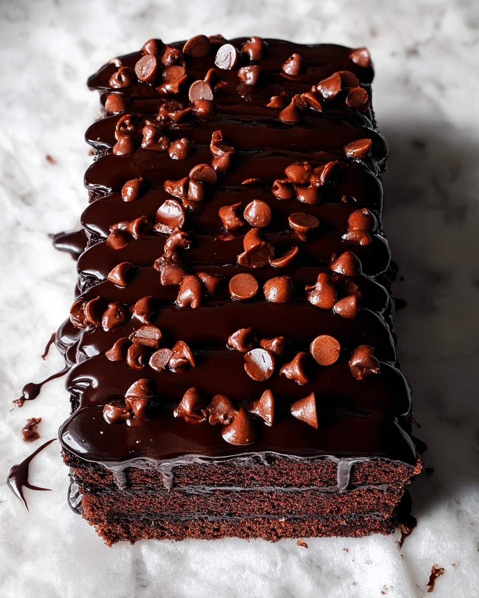 A rectangular chocolate cake with five thick layers is covered in a smooth, shiny dark chocolate glaze that drips slightly down the sides. Scattered generously on top are glossy milk chocolate chips, adding texture and contrast to the rich dark brown cake. The cake is placed on a white marbled surface with subtle light reflections enhancing the moist look of the layers. photo taken with an iphone --ar 4:5 --v 7