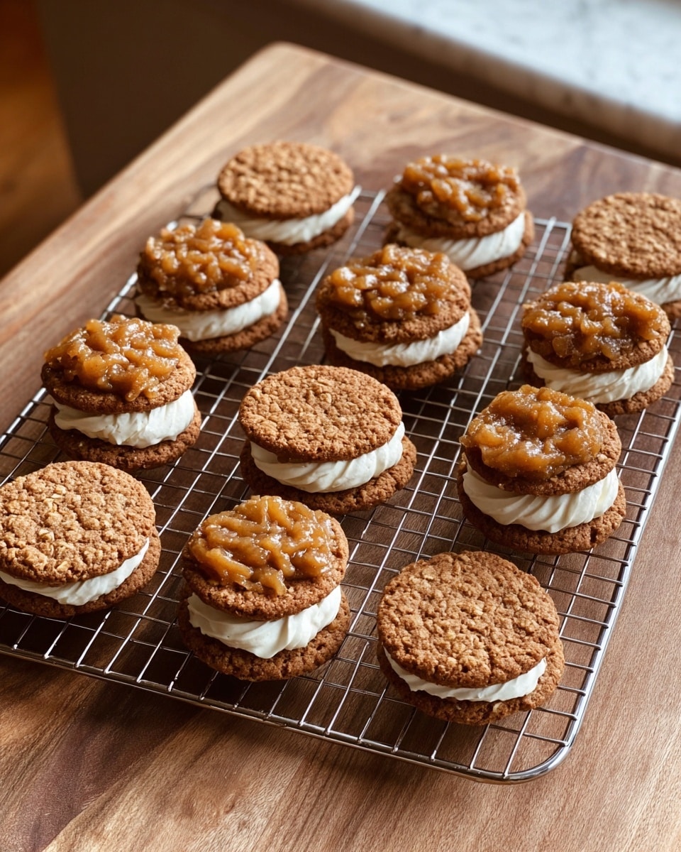 The image shows a metal cooling rack with 15 oatmeal cookies, some of which are assembled as small sandwich cakes on a wood surface next to a white marbled texture area. Each sandwich cake has two layers of brown oatmeal cookies with a thick middle layer of white cream. Some of these cakes are topped with a chunky caramel apple topping that is golden brown and glossy. Other cookies are plain and placed around the assembled ones. The lighting is warm, highlighting the texture of the cookies and wooden surface. Photo taken with an iphone --ar 4:5 --v 7