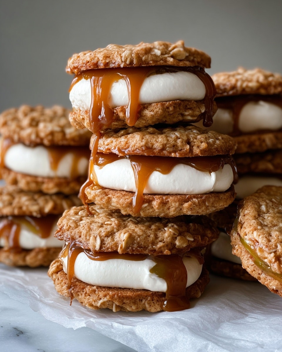 The image shows a stack of oatmeal sandwich cookies arranged closely together on a white marbled surface covered partially with white parchment paper. Each cookie has two golden-brown textured oatmeal layers with visible oats and a slightly rough surface. Between the cookie layers is a thick layer of smooth, creamy white filling topped with glossy amber caramel sauce dripping down the sides, adding a sticky shine. The stack varies in height, with some cookies leaning slightly, showing multiple layers of oatmeal cookies, white filling, and caramel dripping from each. The background is simple and grayish, focusing attention on the rich texture and colors of the cookies. photo taken with an iphone --ar 4:5 --v 7