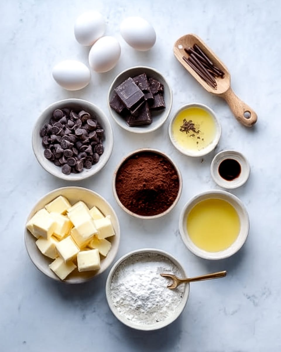 The image shows a white marbled surface with nine small white bowls and containers arranged neatly. There are four white eggs sitting directly on the surface in a small cluster. One bowl contains dark brown chocolate chips, another holds larger broken pieces of dark chocolate. A small wooden scoop is beside the chips. A bowl with a rich dark brown powder, likely cocoa, sits with two thin wooden sticks on top. A small bowl holds clear yellow liquid, possibly oil or melted butter. Another bowl contains a dark brown liquid, possibly vanilla extract. There is a bowl with white powder, probably flour, and a larger bowl filled with pale yellow cubes of butter. The overall look is clean and organized. Photo taken with an iphone --ar 4:5 --v 7