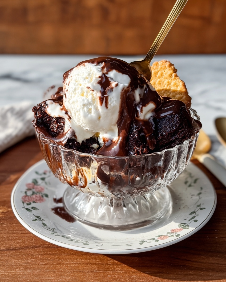 The image shows a dessert in a clear textured glass bowl on a white plate with floral designs. Inside the bowl, there are three visible layers: the bottom layer is dark chocolate with a rough, crumbly texture, topped with a thick drizzle of rich, dark chocolate sauce. Above this, a large scoop of creamy white vanilla ice cream is partially covered by the same dark chocolate sauce that drips down its sides. A small golden brown crispy cookie or biscuit is tucked into the chocolate layer on the right side. A gold spoon is positioned inside the bowl, pressing slightly into the ice cream. The background surface is wooden with a soft white marbled surface beneath the plate. Photo taken with an iphone --ar 4:5 --v 7