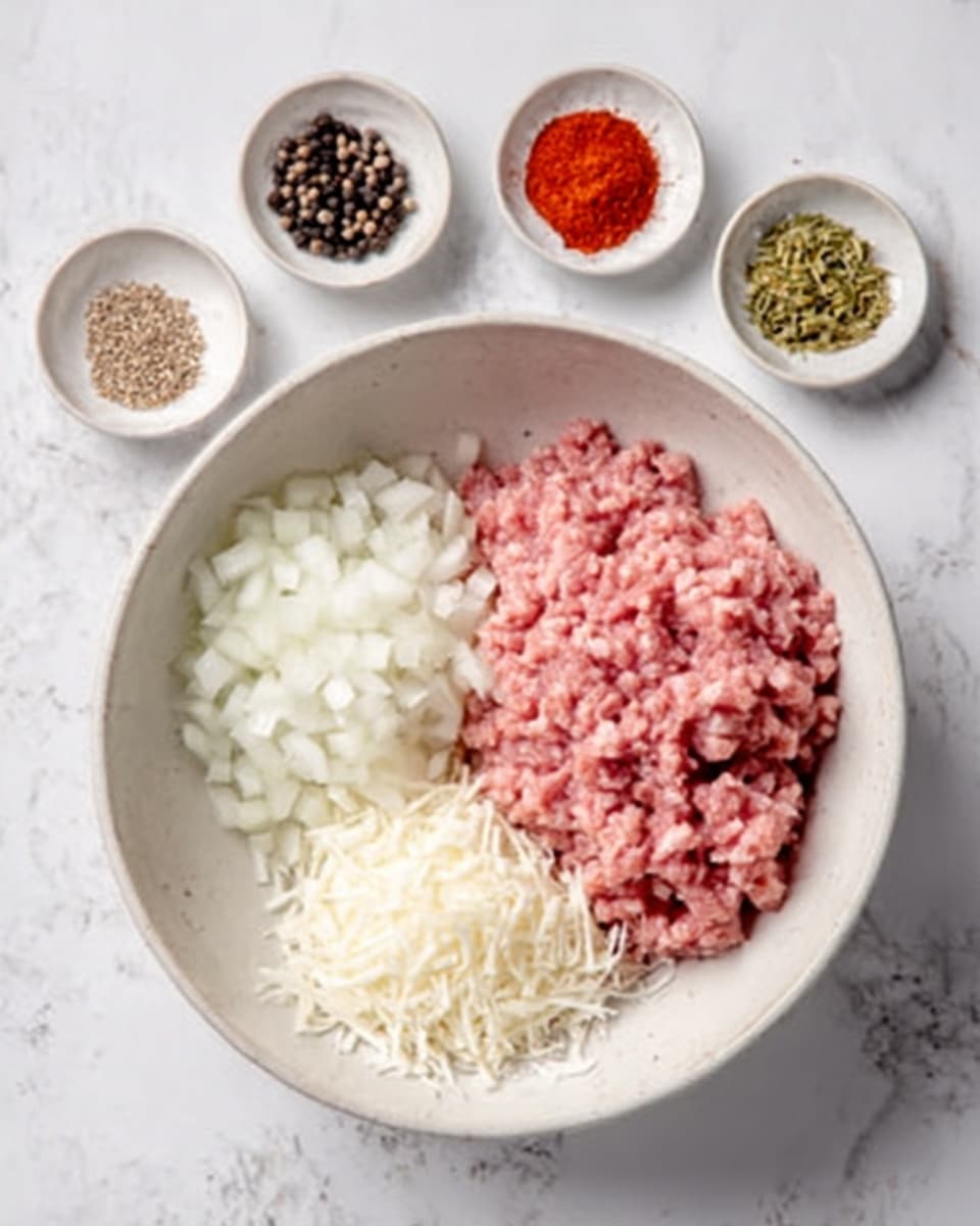 A white bowl on a white marbled surface holds three main layers arranged side by side: finely chopped white onions on the left, raw pink ground meat on the right, and a small pile of shredded white cheese at the bottom. Surrounding the bowl are four small white dishes positioned above and below the main bowl; the top left dish contains black peppercorns, the top right dish has light brown seeds, the bottom right dish holds green cardamom pods, and the bottom left dish features bright red chili powder. The textures contrast with soft meat, grainy onions, and flaky cheese, all under natural soft light. photo taken with an iphone --ar 4:5 --v 7