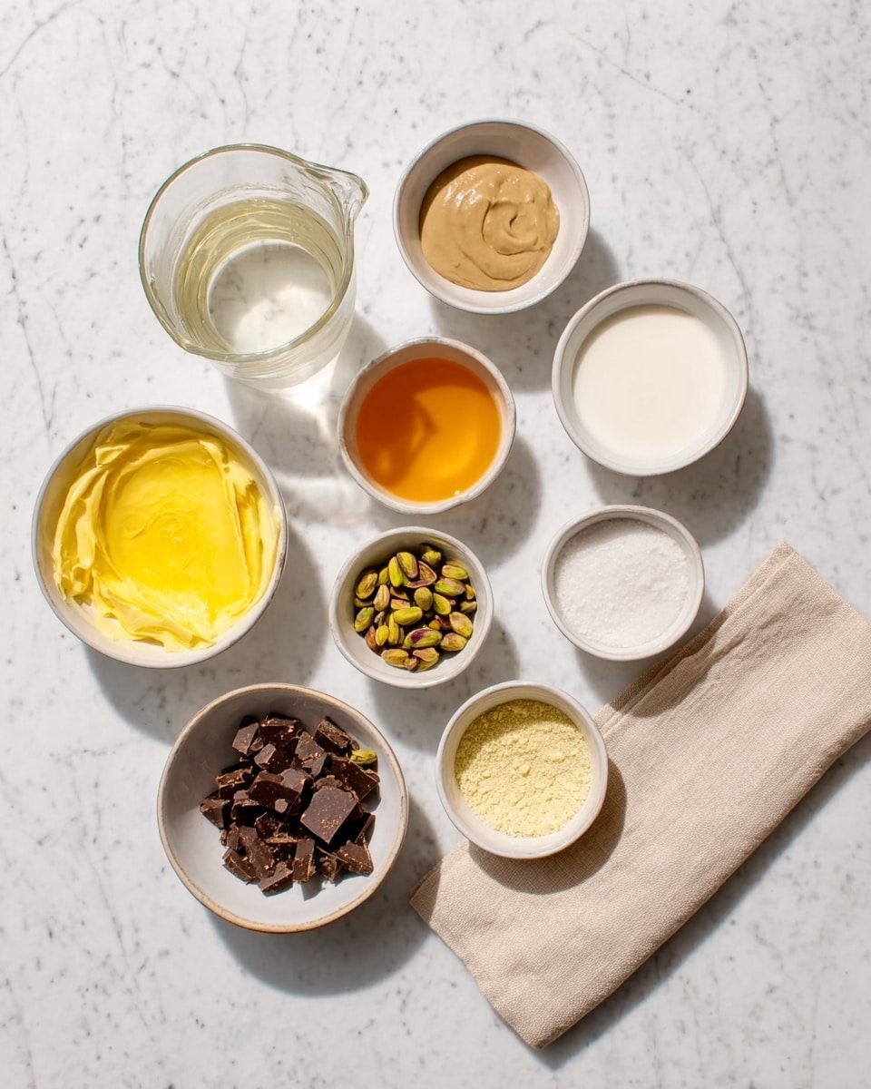 The image shows eight small white bowls arranged in a loose circle on a white marbled surface, each containing different ingredients. Starting from the top right, one bowl has a melted yellow butter-like substance, next to it is an orange liquid, followed by a smooth beige paste, a bowl of white liquid (likely milk), a bowl filled with green pistachios, a bowl with small brown chocolate chunks, a small bowl with light yellow powder or flour, and a clear glass pitcher of water. In the center lies a folded beige cloth. The lighting is soft and natural, highlighting the colors and textures clearly. Photo taken with an iphone --ar 4:5 --v 7