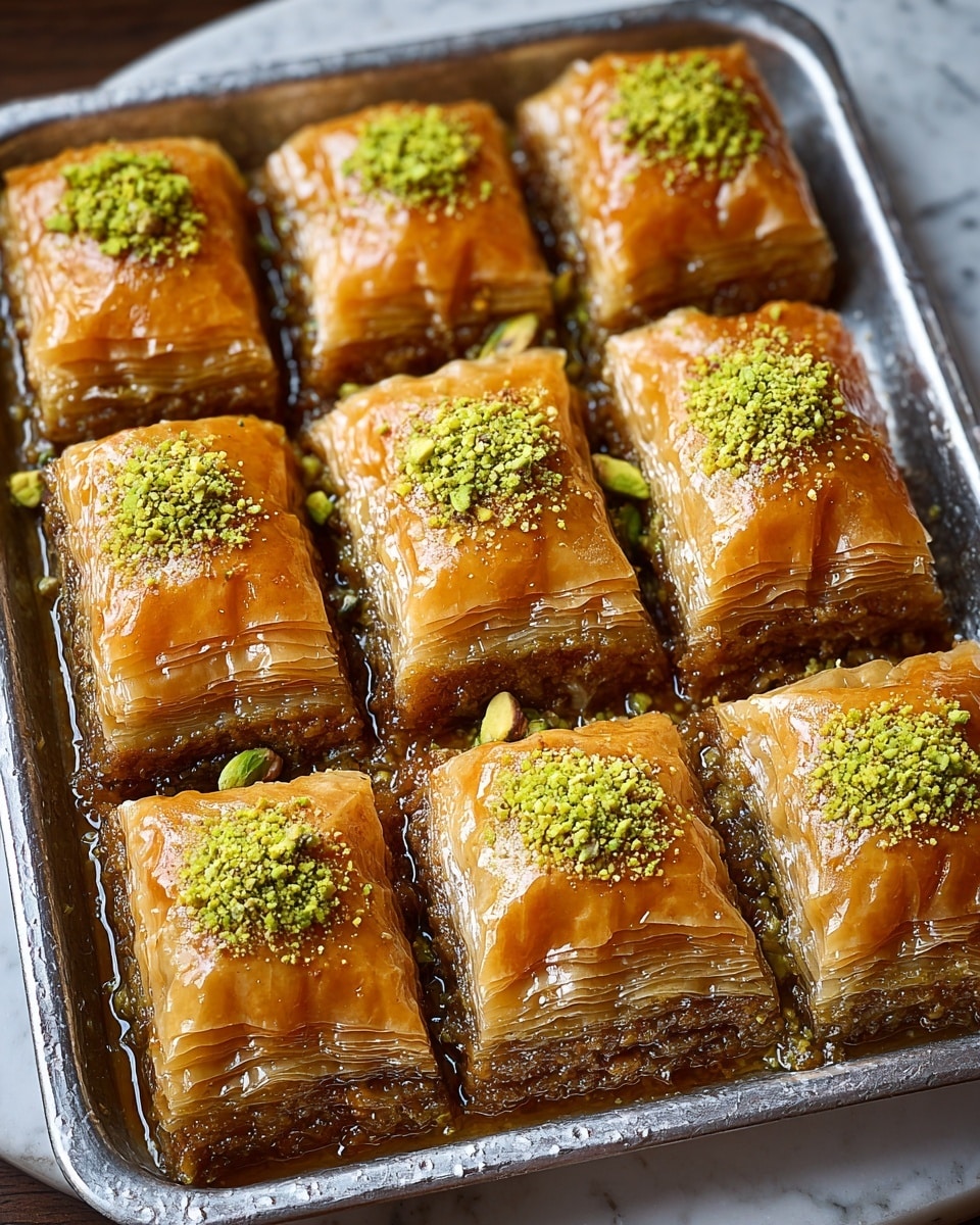 A rectangular tray holds eight pieces of golden brown baklava arranged in two rows. Each piece shows many thin, shiny layers of flaky pastry on top with a rich, sticky syrup soaking the bottom. The middle layer looks dense and nutty, giving it a textured, darker golden color. Small bright green crushed pistachios are sprinkled on top in lines on each piece, with a few whole pistachios placed in the center. The tray sits on a white marbled surface. The photo taken with an iphone --ar 4:5 --v 7