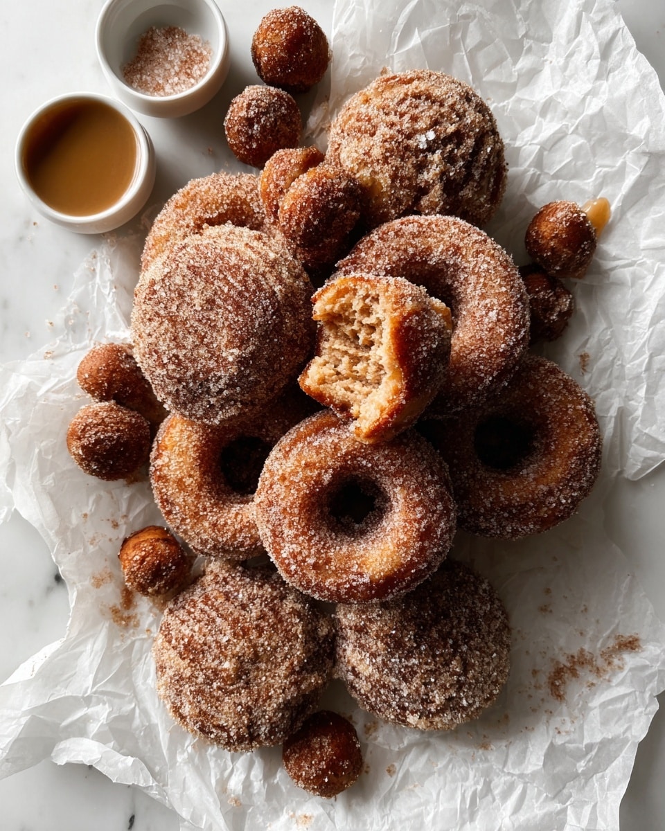A pile of about ten brown sugar-coated doughnuts with a rough texture sits on crumpled white paper over a white marbled surface. The doughnuts have ridged edges and holes in the center. On top, one doughnut is broken open, showing a soft, crumbly inside with a light brown color. Scattered around the doughnuts are smaller, round doughnut holes, also covered in brown sugar. To the top left side, two small white dishes hold a light brown syrup and coarse white salt. The scene is brightly lit, showing detailed sugar crystals and textures, photo taken with an iphone --ar 4:5 --v 7
