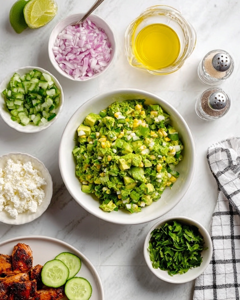 A white bowl filled with a green mixture of diced avocado and corn sits in the center of a white marbled surface. Surrounding the bowl are smaller white bowls containing finely chopped red onions, chopped fresh green herbs, and crumbled white cheese. There is also a small glass container of yellow oil, a small bowl of lime juice, and two small transparent containers with pepper and salt. A white and black checkered cloth lies near the top right. A white plate with sliced grilled meat and cucumber is partially visible at the bottom left. photo taken with an iphone --ar 4:5 --v 7