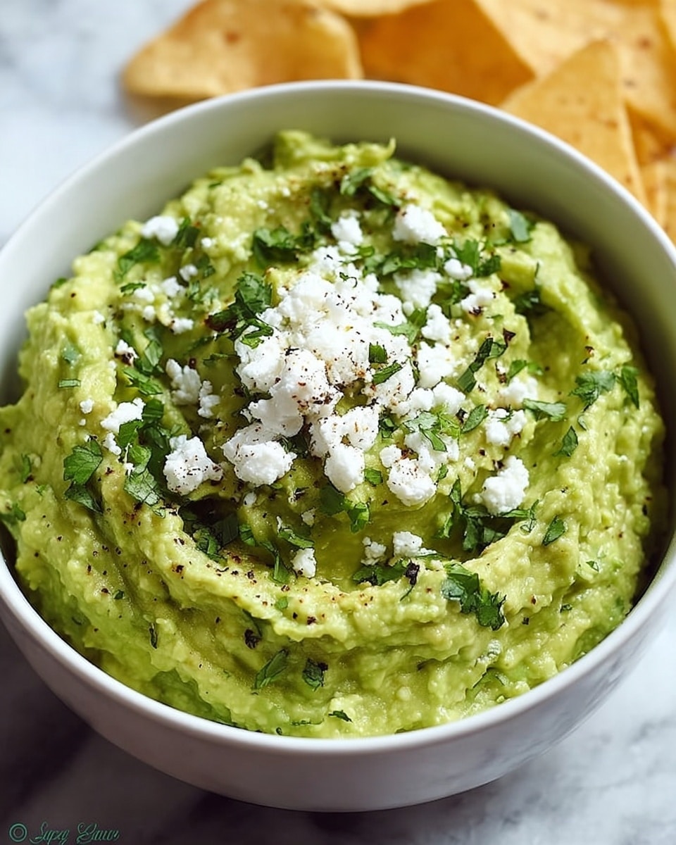 A white bowl filled with creamy green guacamole, topped in the center with a layer of white crumbled cheese and sprinkled with finely chopped green herbs and a light dusting of black pepper, all placed on a white marbled surface with a blurred background where some triangular light yellow tortilla chips are visible. Photo taken with an iphone --ar 4:5 --v 7