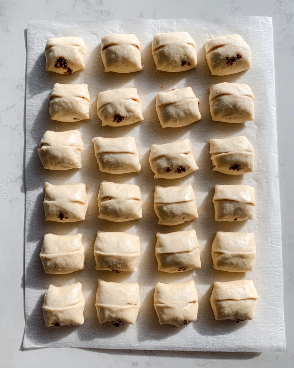 The image shows 19 small pillow-shaped dough pieces arranged in four neat rows on a white parchment paper, placed over a white marbled surface. Each piece is folded over and slightly puffy, with visible dark red filling peeking through the center seam. The dough has a smooth, light beige color and a soft texture, with some pieces showing slight unevenness in folding. The lighting is bright and natural, highlighting the dough’s slightly glossy surface. photo taken with an iphone --ar 4:5 --v 7